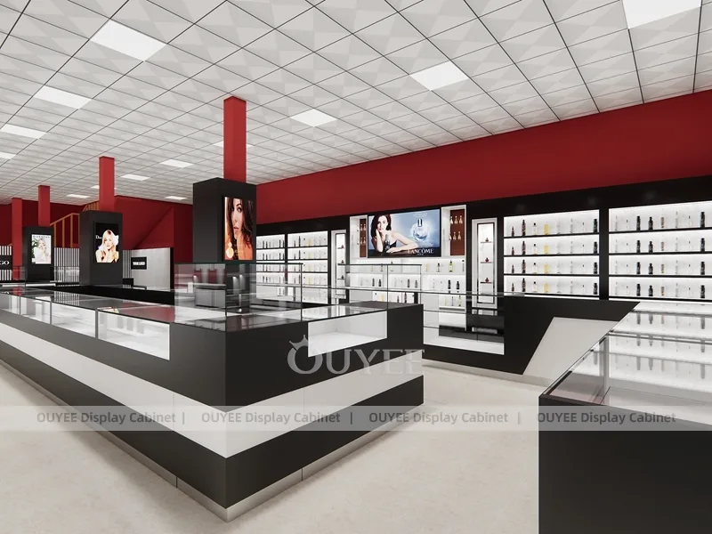 Burgundy Perfume Reception Counter With Slatted Feature Wall_05