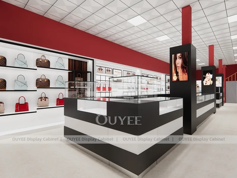 Burgundy Perfume Reception Counter With Slatted Feature Wall_06