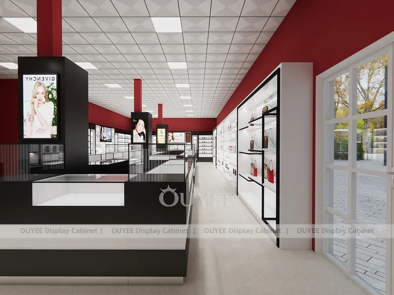 Burgundy Perfume Reception Counter With Slatted Feature Wall_07