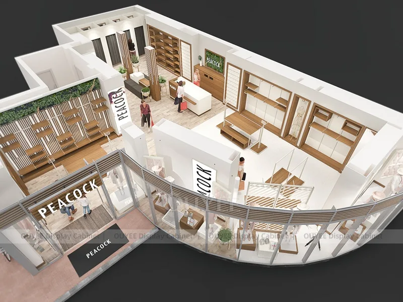 Vitrina elegante y conjunto de boutique de madera cálida_16