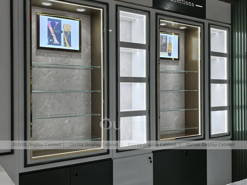 Освещённый стеклянный шкаф для духов с боковыми экранами_05