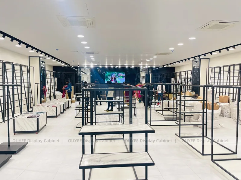 Showroom Accessory Rack Minimal Black Apparel Showroom Rack System | Clothing Store Fixture