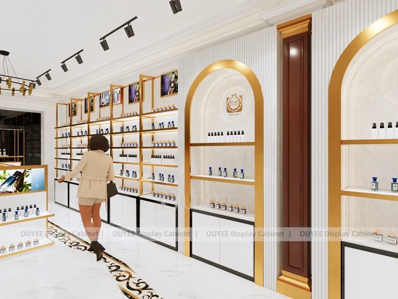 Exhibidor de pared para perfume con nicho en arco de oro blanco_01