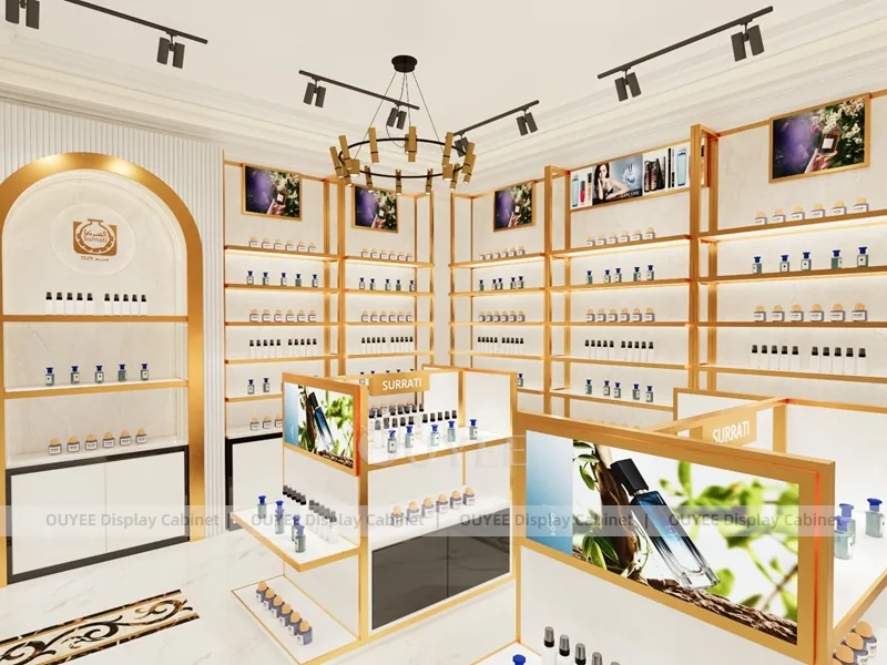 Exhibidor de pared para perfume con nicho en arco de oro blanco_02