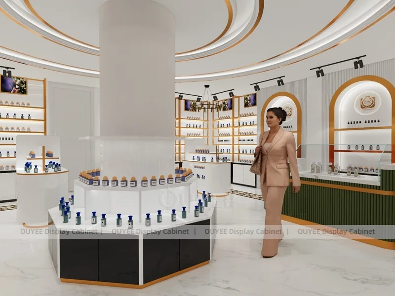 White Gold Perfume Showroom With Central Column Display_01