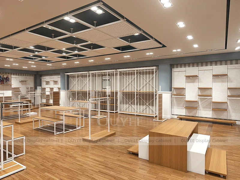 Conjunto de mobiliario para sala de exposición de ropa en blanco y madera_02