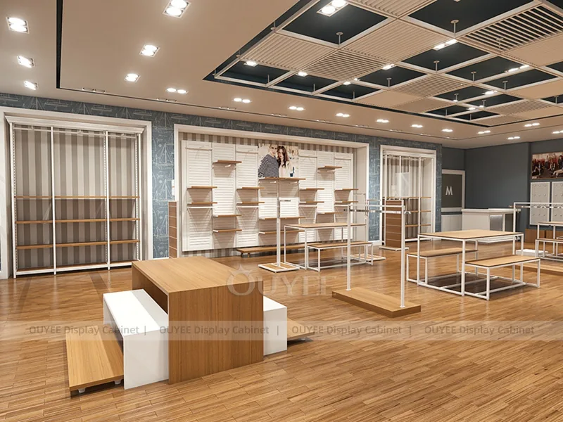 Conjunto de mobiliario para sala de exposición de ropa en blanco y madera_03