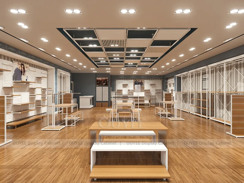 Conjunto de mobiliario para sala de exposición de ropa en blanco y madera_04
