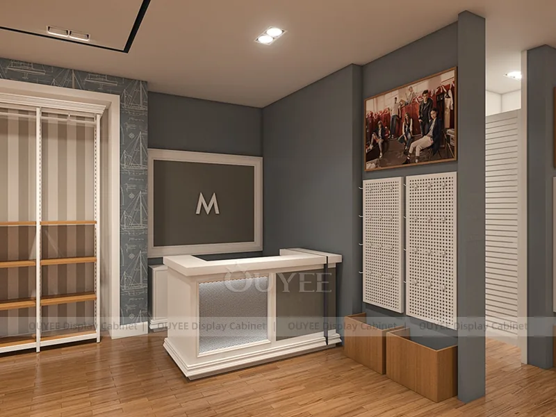 Conjunto de mobiliario para sala de exposición de ropa en blanco y madera_05
