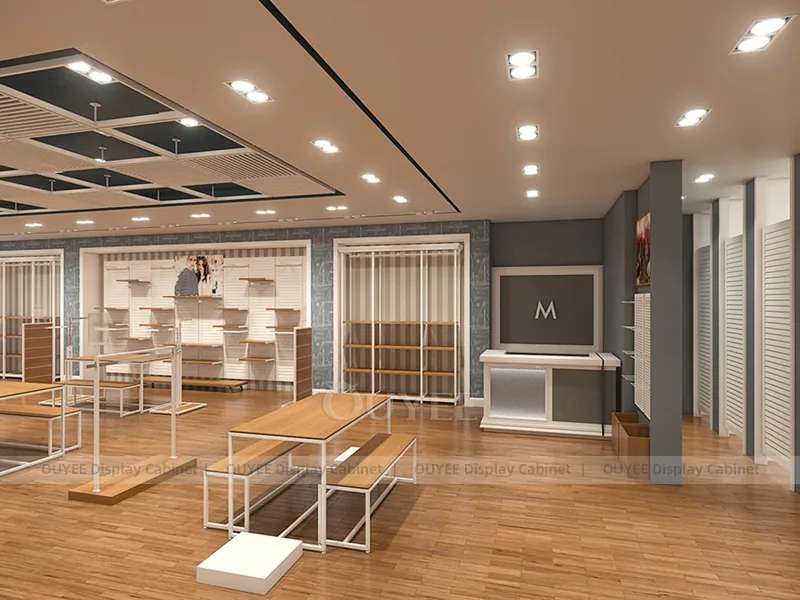 Conjunto de mobiliario para sala de exposición de ropa en blanco y madera_06