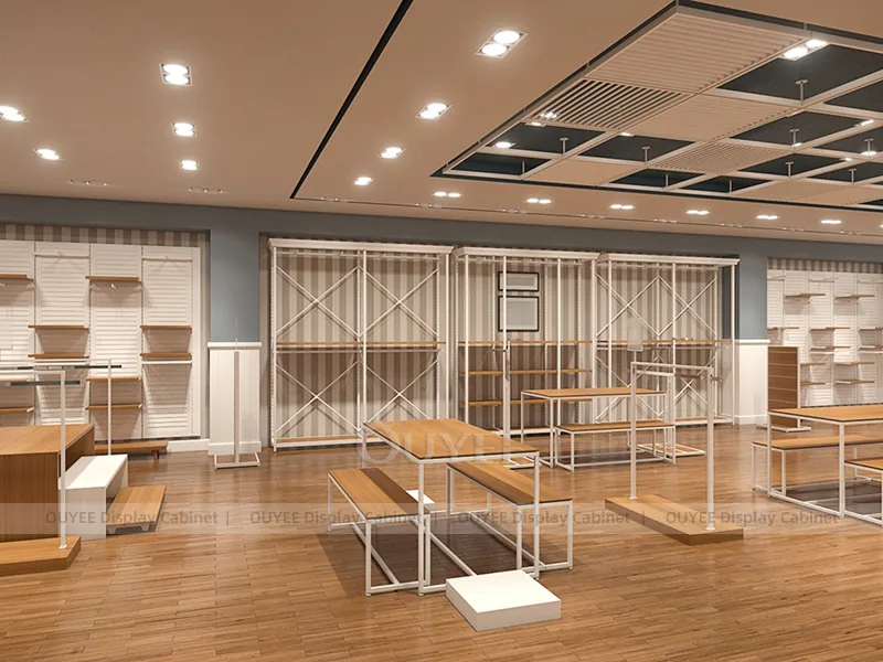 Conjunto de mobiliario para sala de exposición de ropa en blanco y madera_07