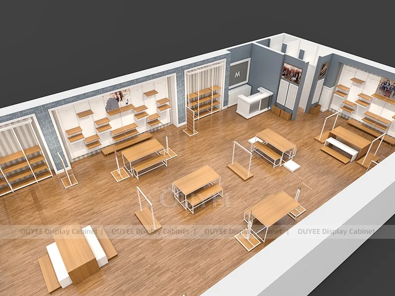 Conjunto de mobiliario para sala de exposición de ropa en blanco y madera_08