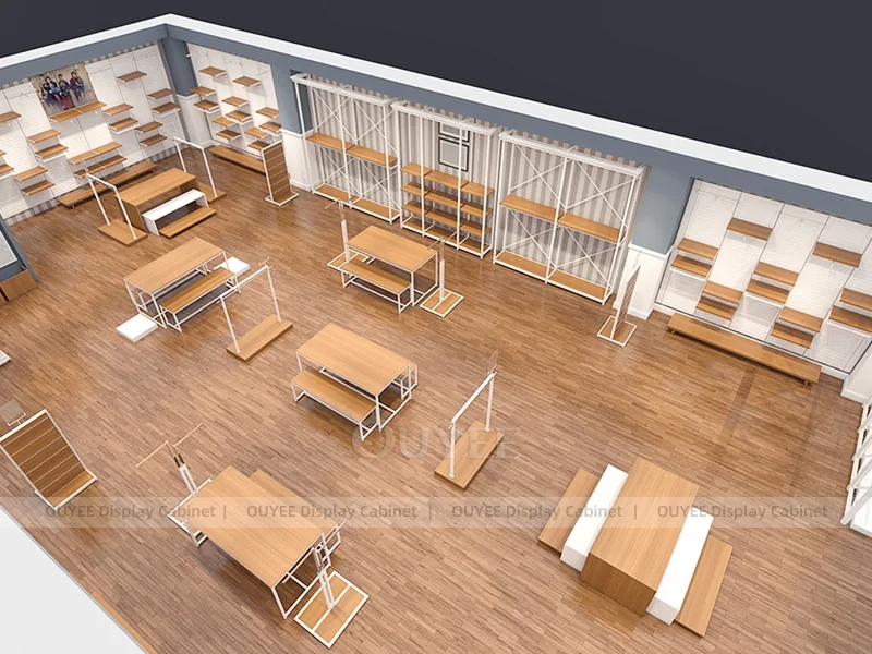 Conjunto de mobiliario para sala de exposición de ropa en blanco y madera_09