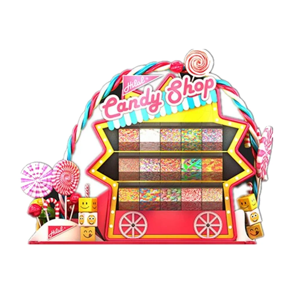 Esposizione di chiosco di caramelle, design di chiosco retail dolci unico, vista 1
