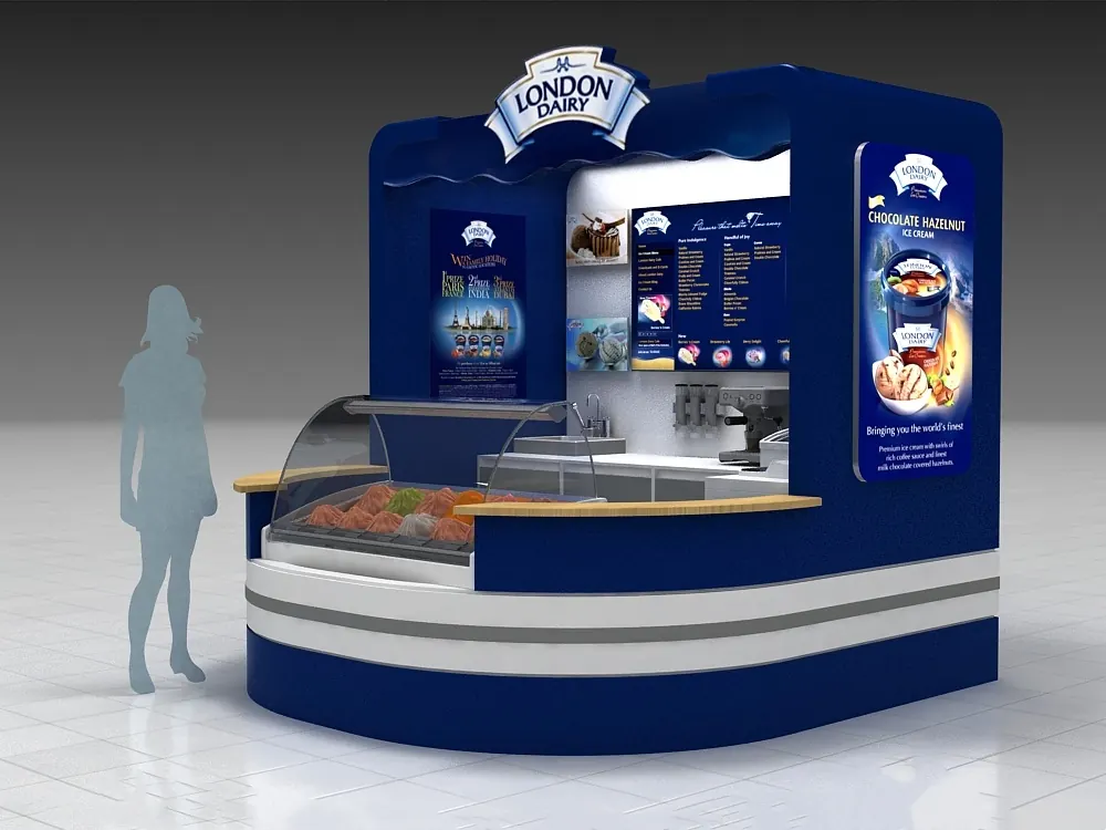 Vue 2 du kiosque à glace rond bleu avec design de comptoir courbé