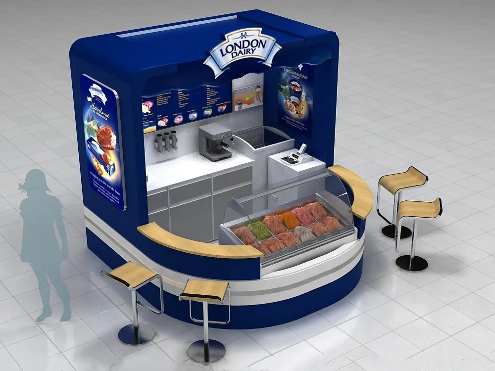 Vue 3 du kiosque à glace rond bleu avec design de comptoir courbé