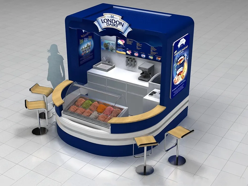 Vue 4 du kiosque à glace rond bleu avec design de comptoir courbé