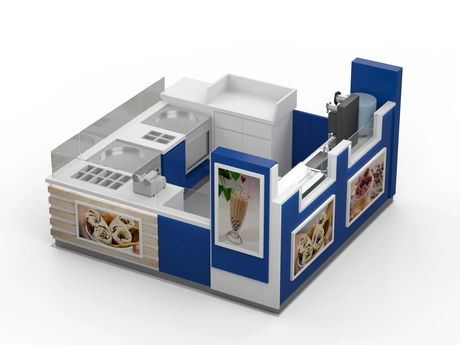 Blue White Ice Cream Kiosk with Modular Workstation Layout | Ouyee Display
