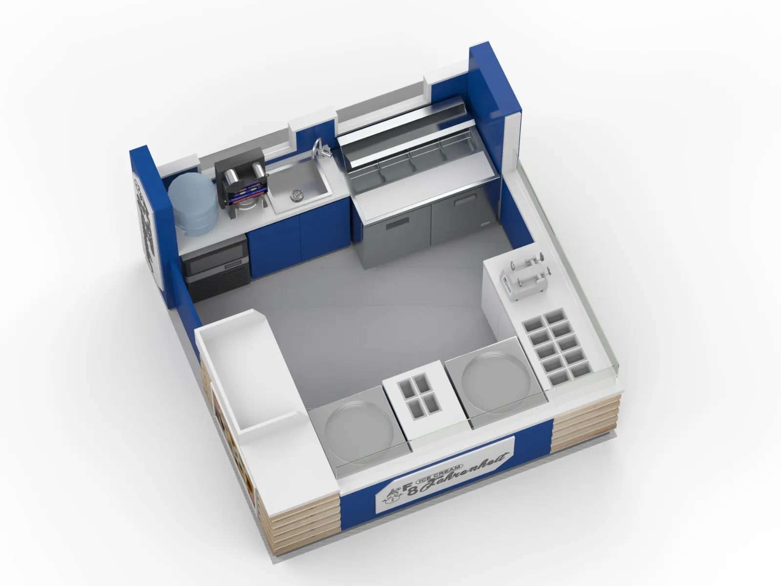 Blue White Ice Cream Kiosk with Modular Workstation Layout | Ouyee Display