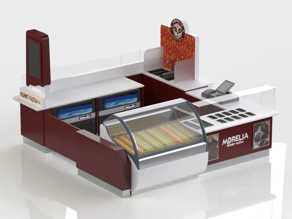 Brown and burgundy ice cream kiosk product rendering with glazed freezer display, service counter and payment point