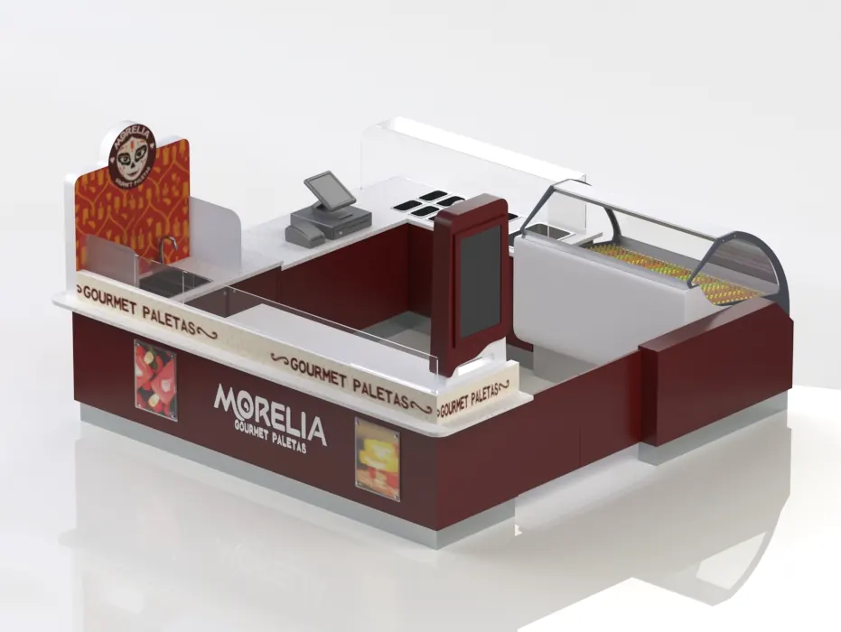 Brown and burgundy ice cream kiosk product rendering viewed from the staff access side