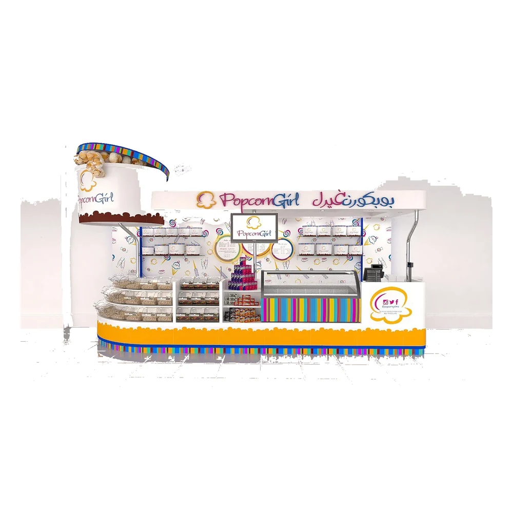 Vista del quiosco de dulces en el diseño de mostrador de dulces para tienda minorista, vitrina de exhibición de dulces, vista 1