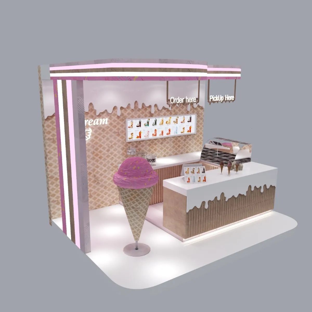Creative Pink Ice Cream Kiosk with Cone Display Wall ice cream kiosk view 2