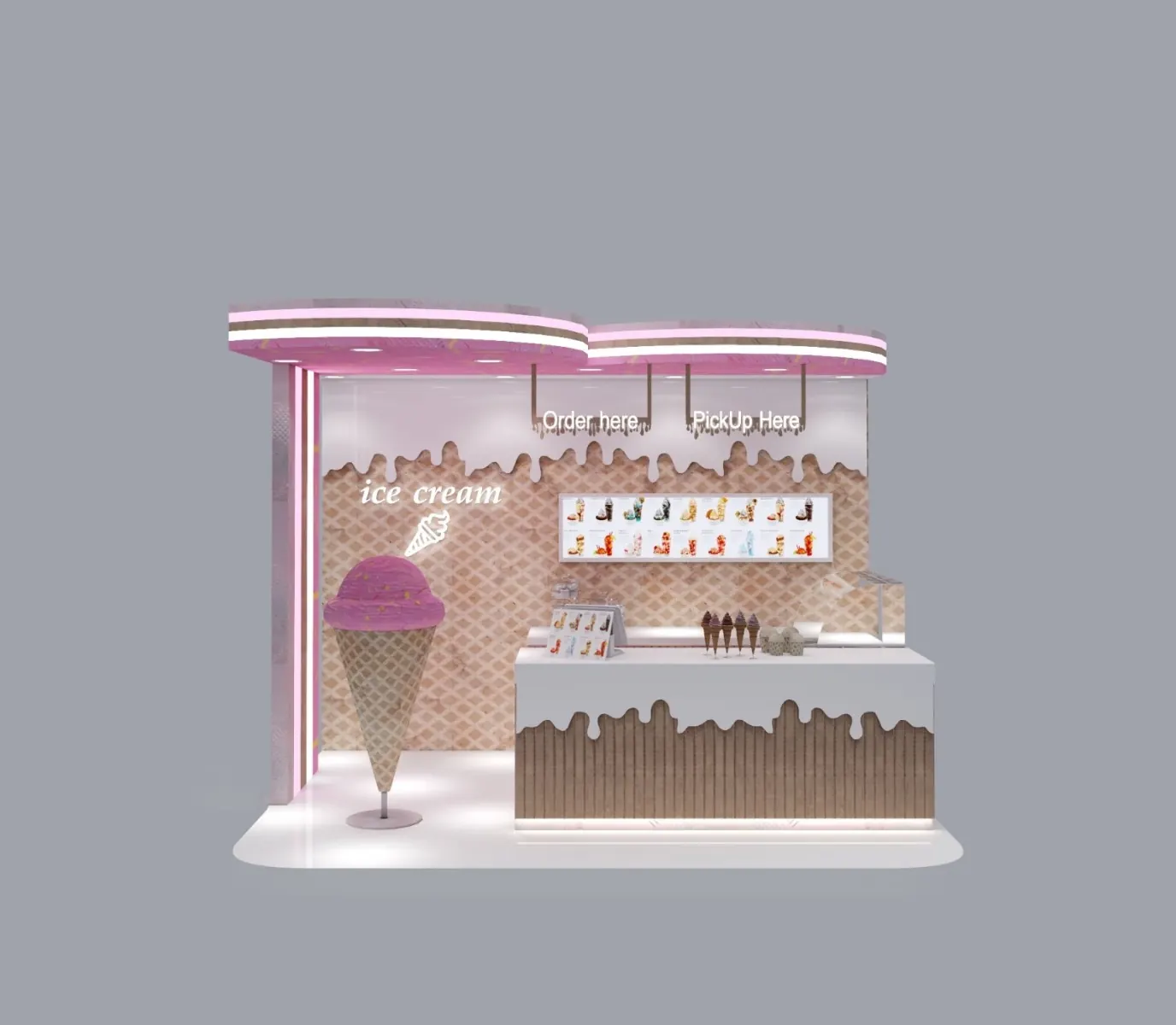 Creative Pink Ice Cream Kiosk with Cone Display Wall ice cream kiosk view 3