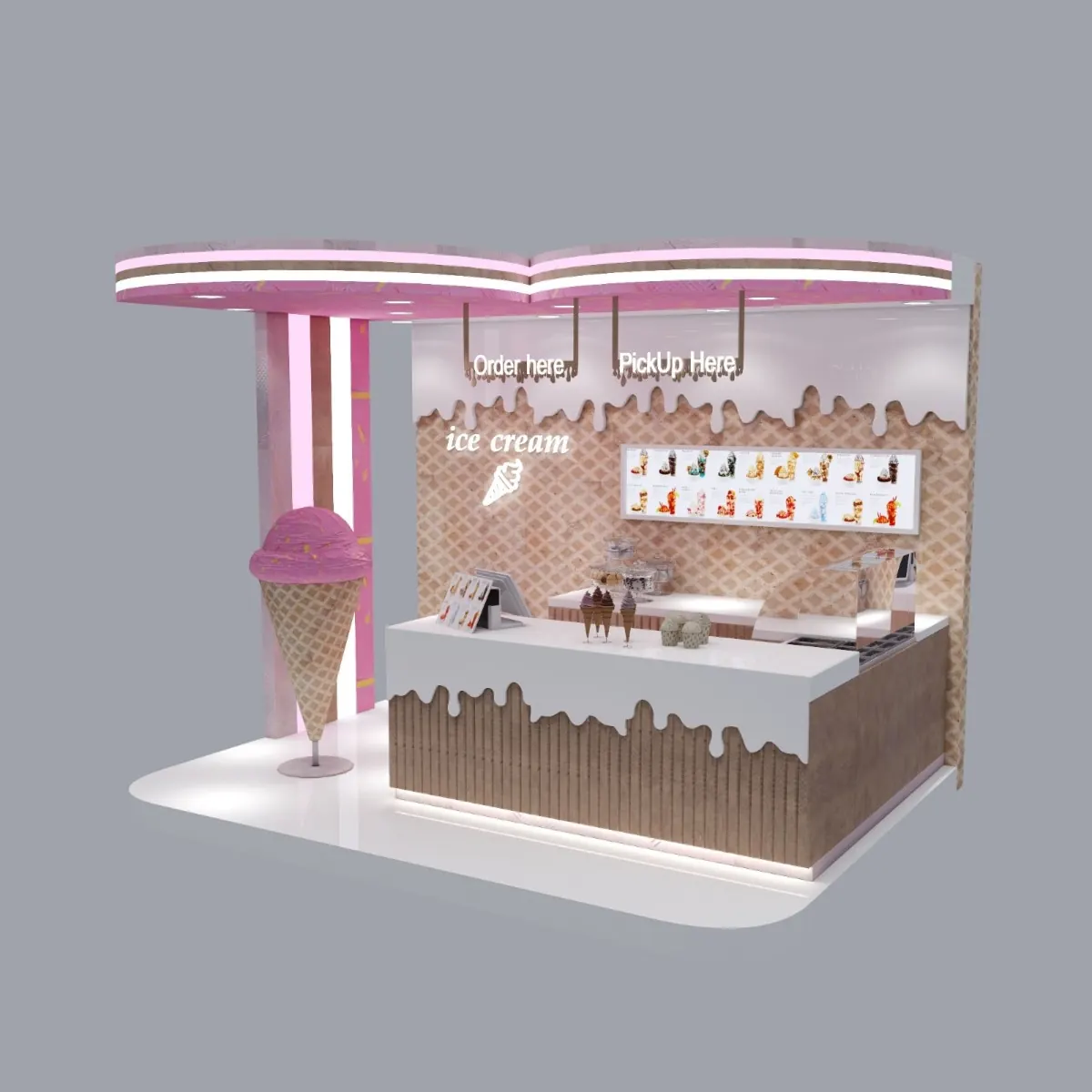Creative Pink Ice Cream Kiosk with Cone Display Wall ice cream kiosk view 4