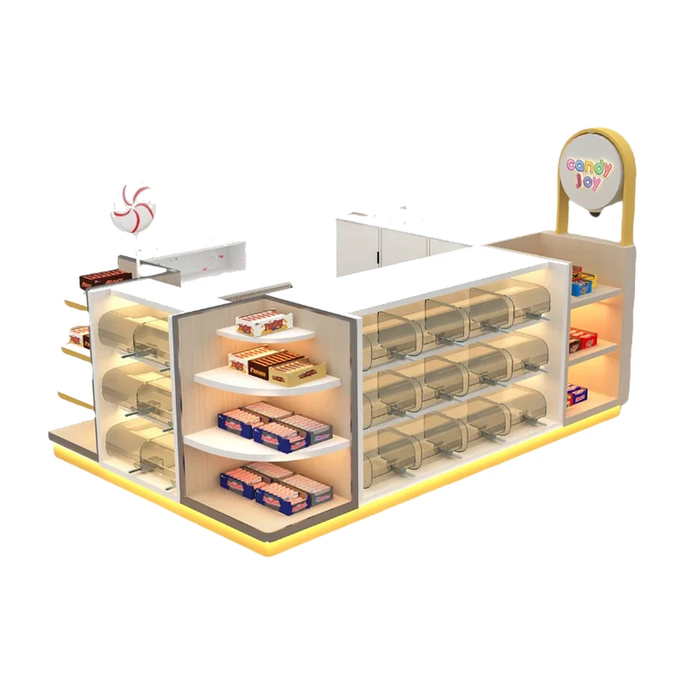 Carino nuovo chiosco di caramelle, esposizione di dolci al dettaglio, visualizzazione 3D di vetrina di caramelle, vista del chiosco di caramelle 1