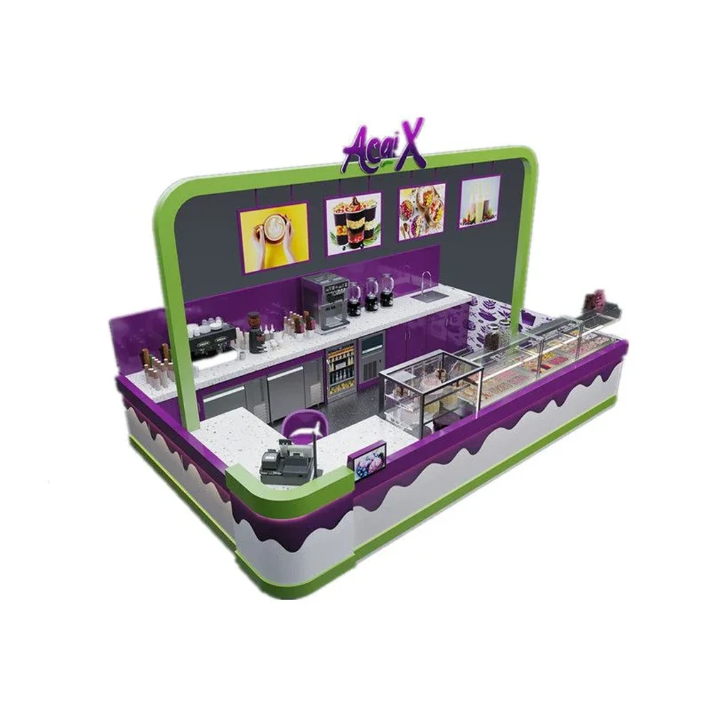 Kiosque à yaourt glacé délicieux, bar à yaourt violet à la mode, comptoir alimentaire dans un centre commercial, vue 1
