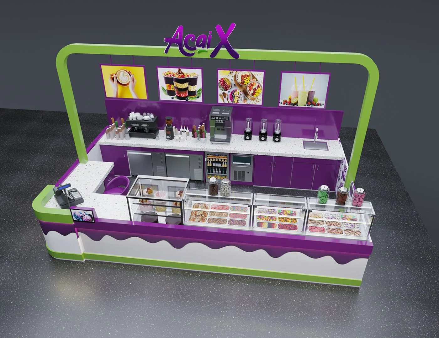 Vista del Quiosco de Helado de Yogur Delicioso, Bar de Yogur de Moda Púrpura, Mostrador de Comida en el Interior del Centro Comercial, vista 2