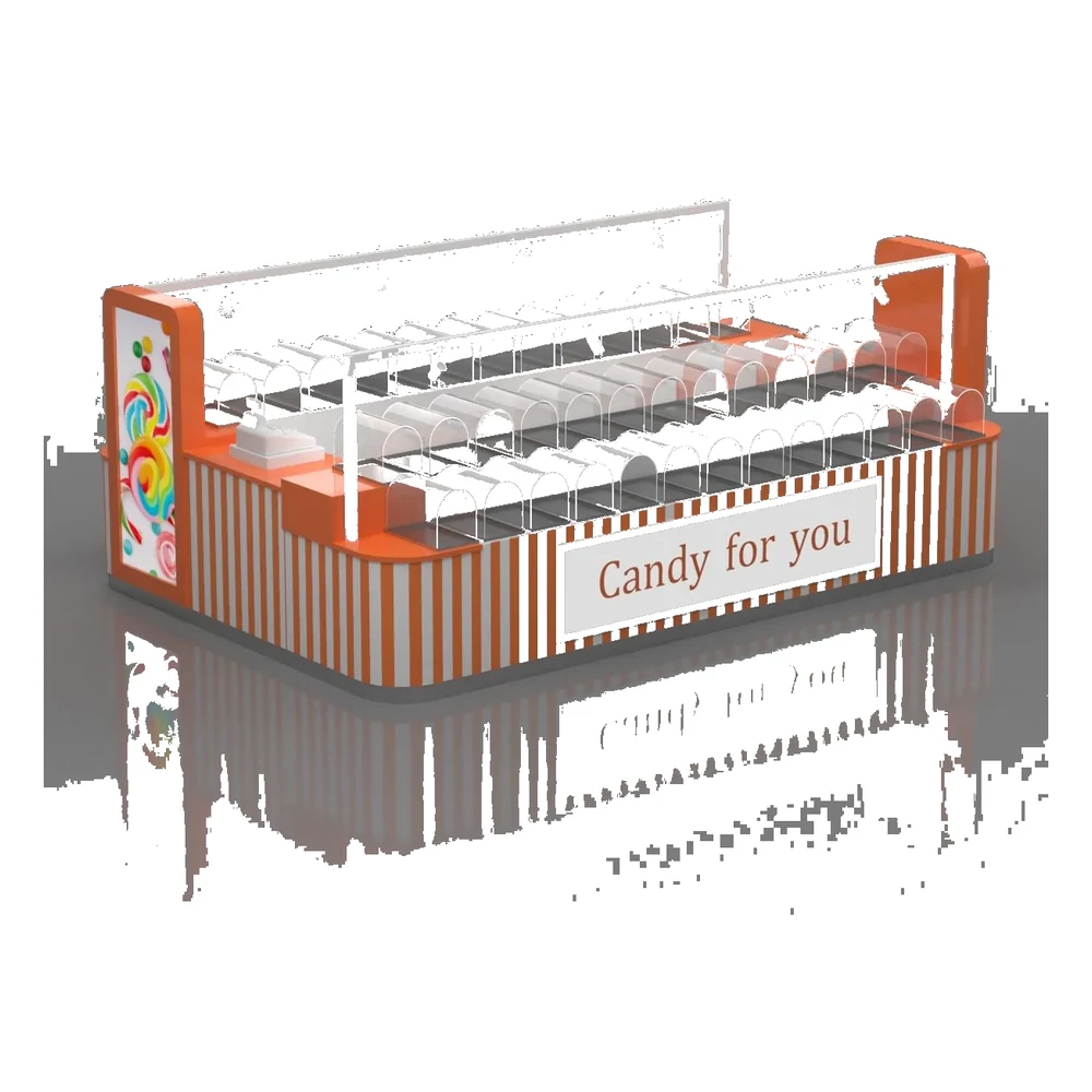 Chiosco di caramelle color arancione elegante con scatola di caramelle, mobile per caramelle in vendita, esposizione di caramelle per negozio, centro commerciale, vista del chiosco di caramelle 1
