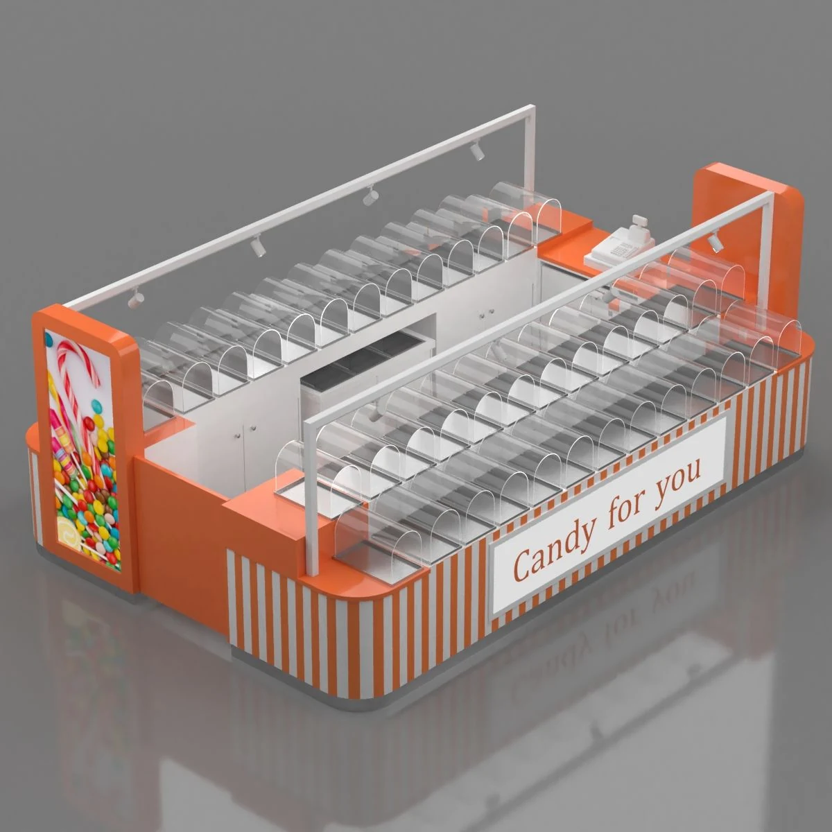 Eleganter orangefarbener Süßwarenkiosk mit Süßigkeitenschachtel und Süßigkeitenschrank für den Verkauf, Süßigkeitenpräsentation für Geschäfte, Einzelhandel, Einkaufszentren Süßwarenkiosk Ansicht 2