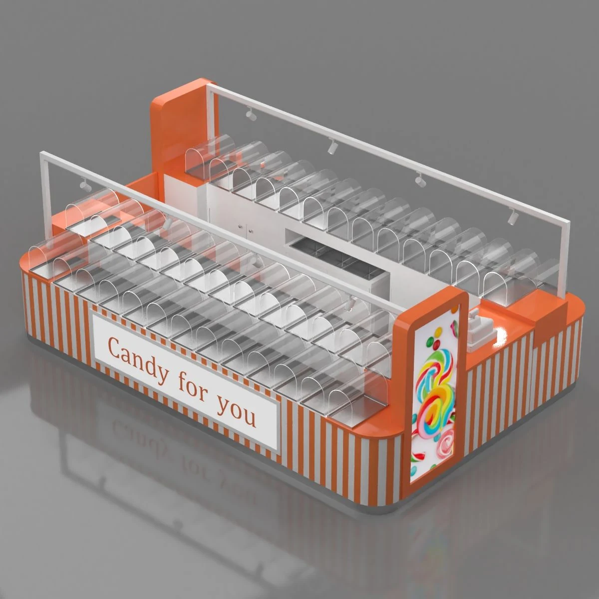 Eleganter orangefarbener Süßwarenkiosk mit Süßigkeitenschachtel und Süßigkeitenschrank für den Verkauf, Süßigkeitenpräsentation für Geschäfte, Einzelhandel, Einkaufszentren Süßwarenkiosk Ansicht 3