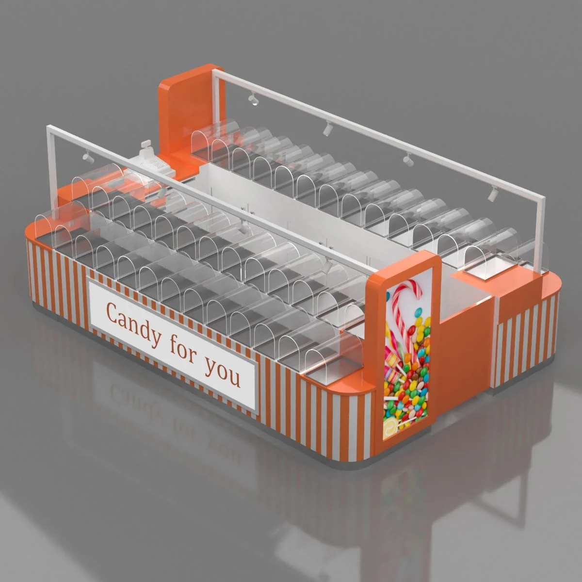 Eleganter orangefarbener Süßwarenkiosk mit Süßigkeitenschachtel und Süßigkeitenschrank für den Verkauf, Süßigkeitenpräsentation für Geschäfte, Einzelhandel, Einkaufszentren Süßwarenkiosk Ansicht 4