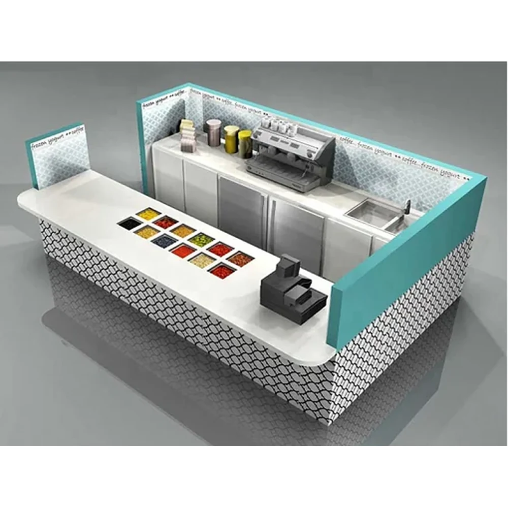 Vue 1 du kiosque à yaourt glacé à la mode, durable, pour crème glacée, nourriture sucrée par Ouyee Display.