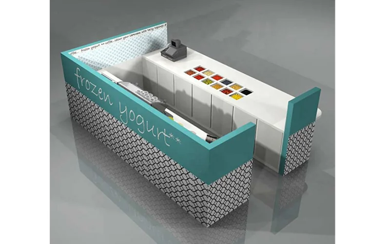 Vue 2 du kiosque à yaourt glacé à la mode, durable, pour crème glacée, nourriture sucrée par Ouyee Display.