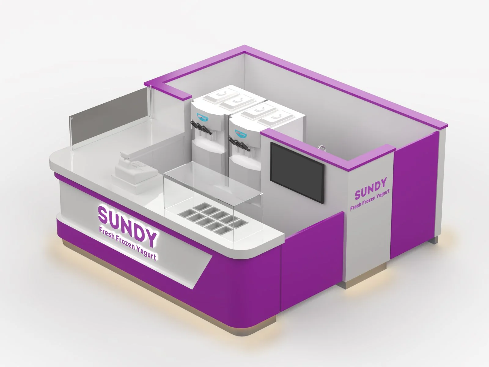 Vue du kiosque à yaourt glacé personnalisé, nouvelle coupe, stand alimentaire pour yaourt, conception 3D, vue 2