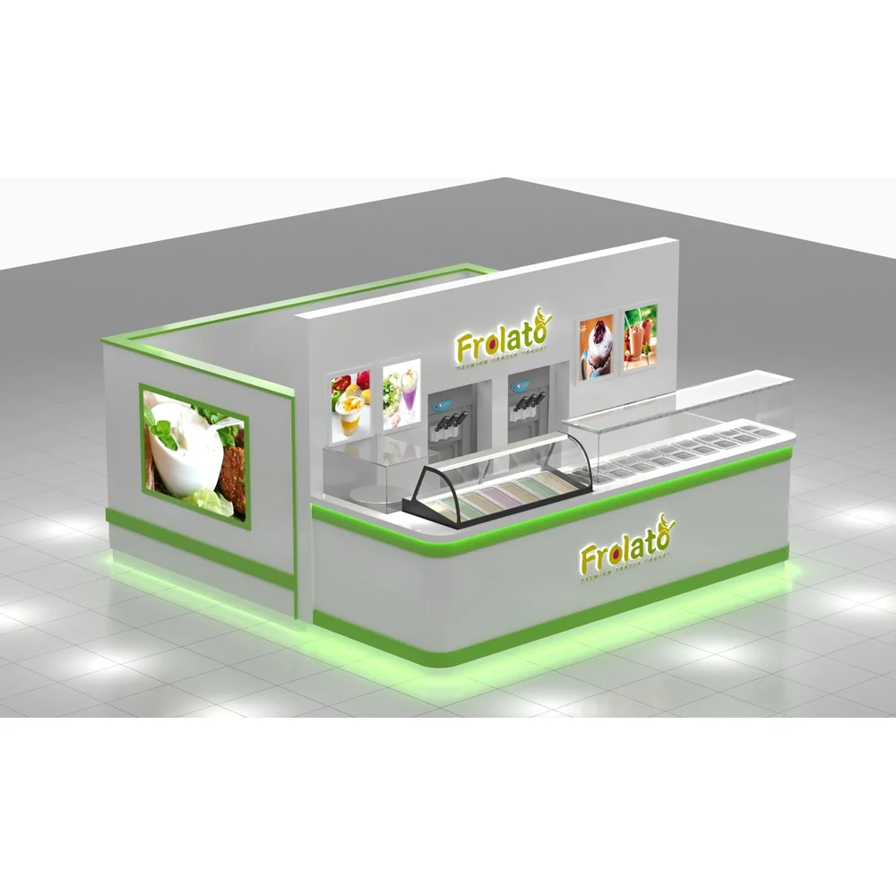 Vue 1 du kiosque de yaourt glacé frais surgelé, vitrine de vente au détail de yaourt glacé personnalisé, intérieur du centre commercial
