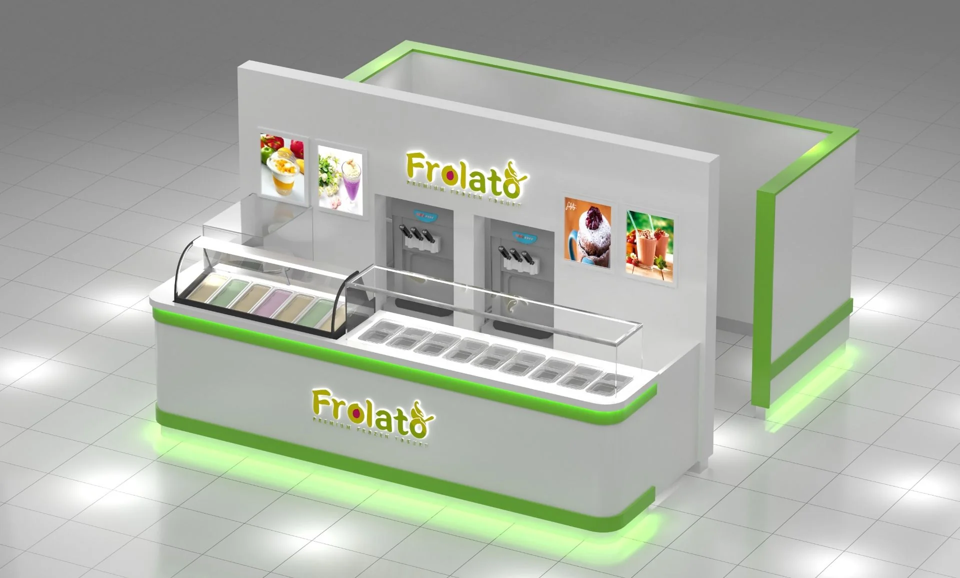 Vue 2 du kiosque de yaourt glacé frais surgelé, vitrine de vente au détail de yaourt glacé personnalisé, intérieur du centre commercial
