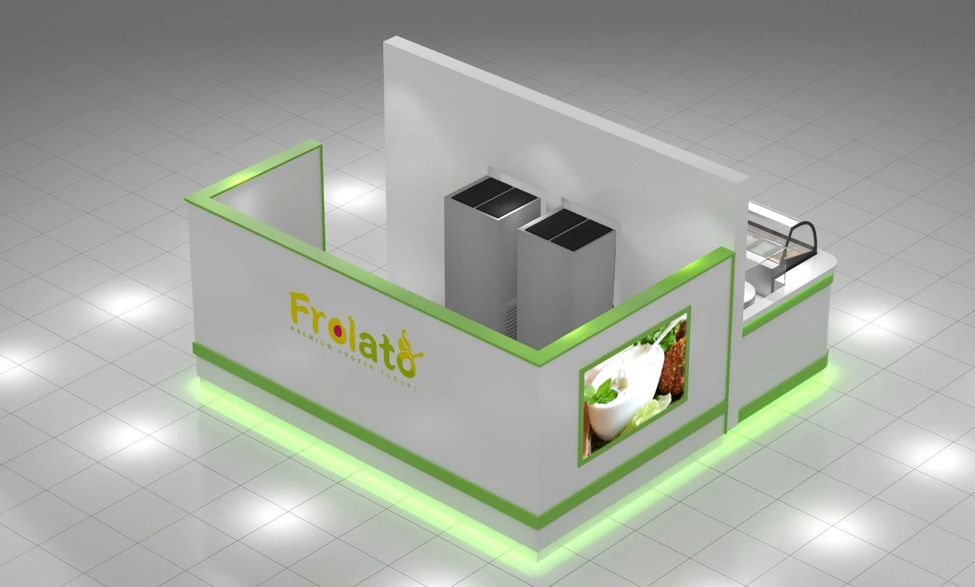 Vue 3 du kiosque de yaourt glacé frais surgelé, vitrine de vente au détail de yaourt glacé personnalisé, intérieur du centre commercial