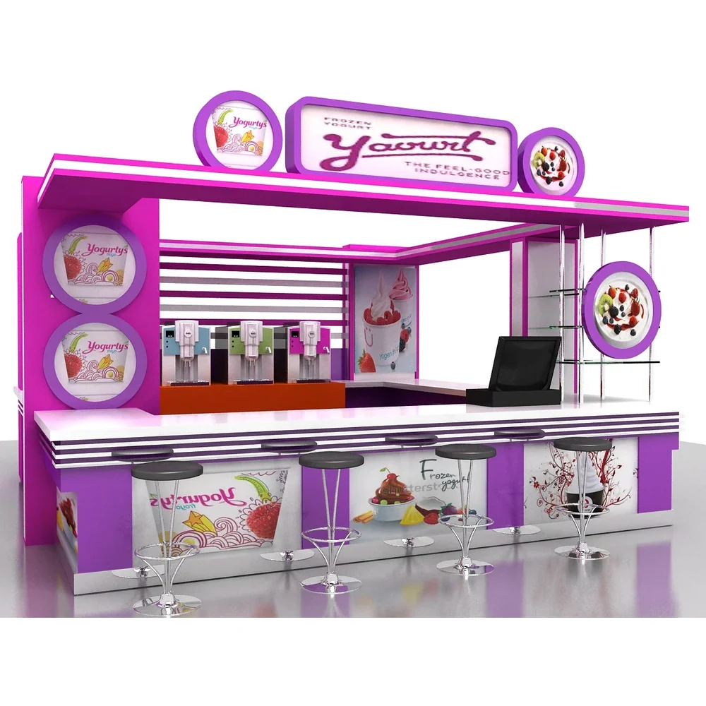 Kiosque de yaourt glacé frais et congelé, nouveau comptoir de yaourt pour l'été, comptoir de yaourt dans un centre commercial, vue 1 du kiosque à yaourt glacé