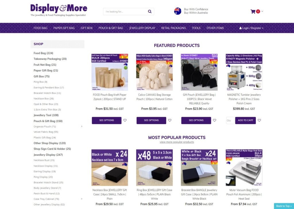 Capture d'écran de la page d'accueil de Jewellery Display and More