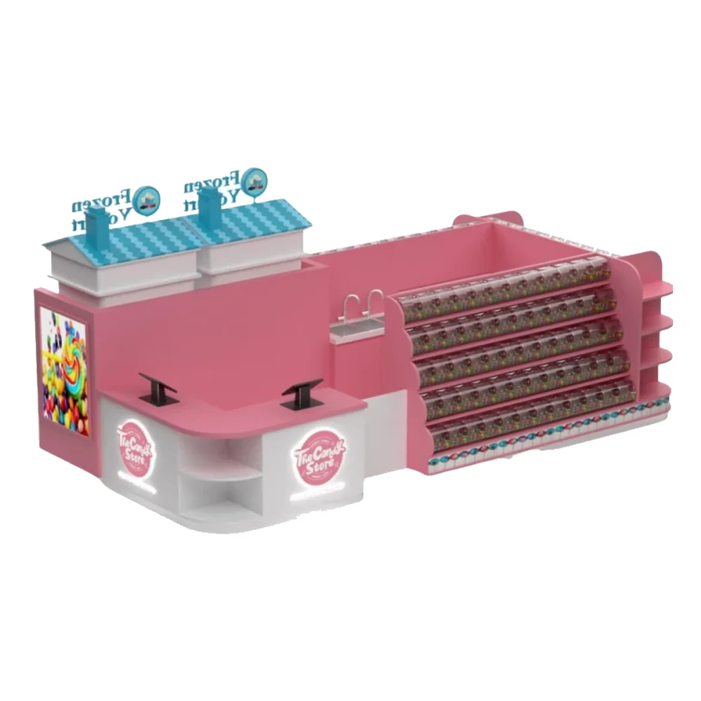 Vetrina di caramelle rosa con chioschi di gelato, negozio di snack, design 3D, prezzo di fabbrica, vista del chiosco di caramelle 1