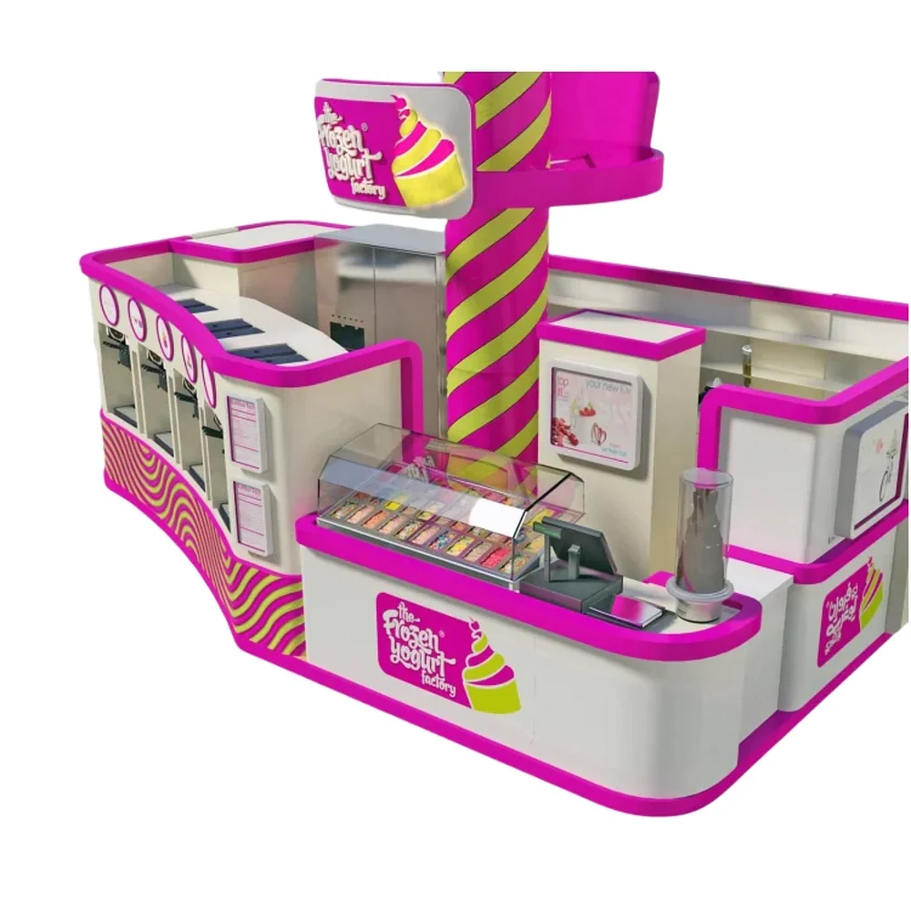 Chiosco di gelato bianco-rosato, design 3D, stazione self-service di yogurt congelato con topping, vista del chiosco di yogurt congelato 1
