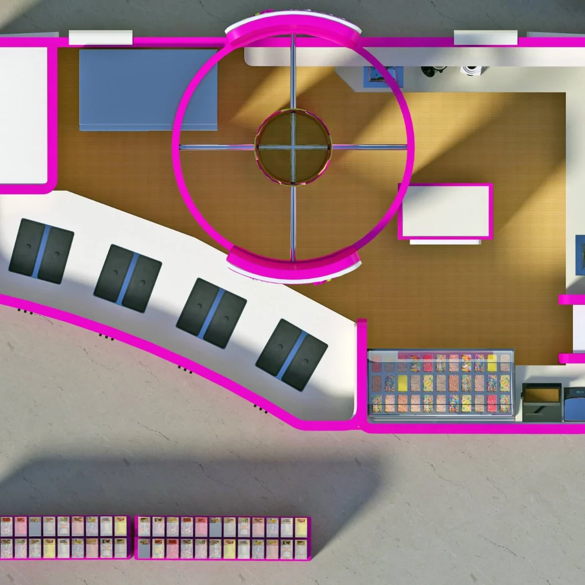 Chiosco di Gelato Rosa Bianco 3D Design Self Service Stazione di Yogurt Gelato con Topping vista del chiosco di yogurt gelato 2