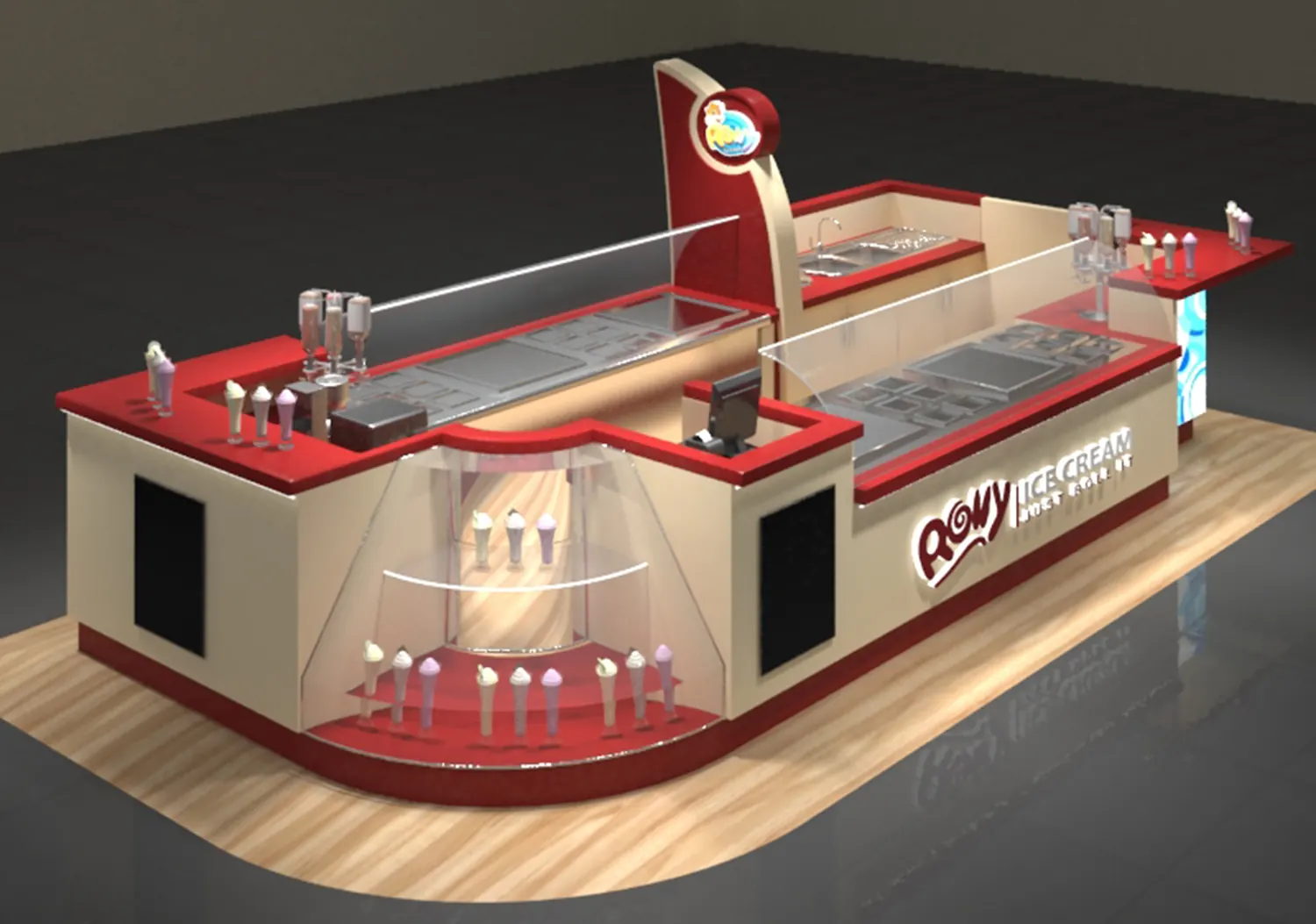Red Mall Eiscreme-Kiosk mit gebogener Servicetheke Eiscreme-Kiosk Ansicht 3