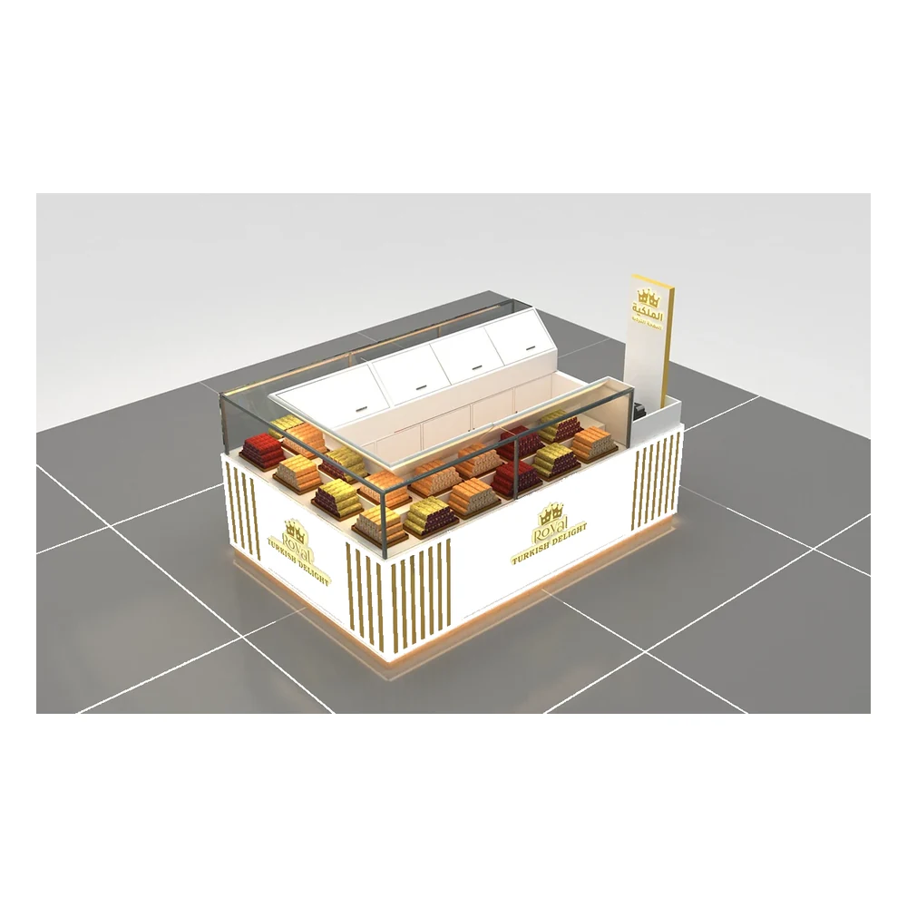 Design elegante di chiosco di caramelle reale, bancarella di pasticceria personalizzata, in vendita in centro commerciale, vista del chiosco di caramelle 1