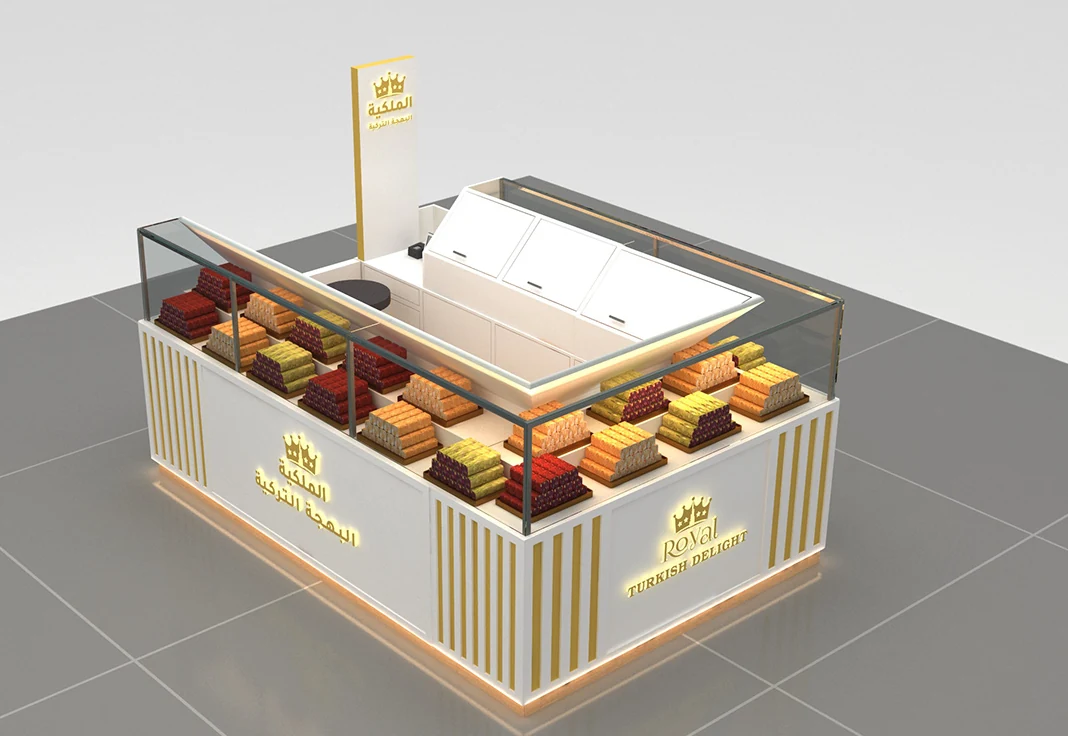Design elegante di chiosco di caramelle reale personalizzato per pasticceria su misura per il centro commerciale in saldo, vista del chiosco di caramelle 2